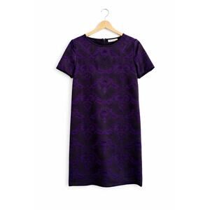 St John Collection Dress Sz 4 Black Purple Jacquard Knit Sheath Short Sleeve